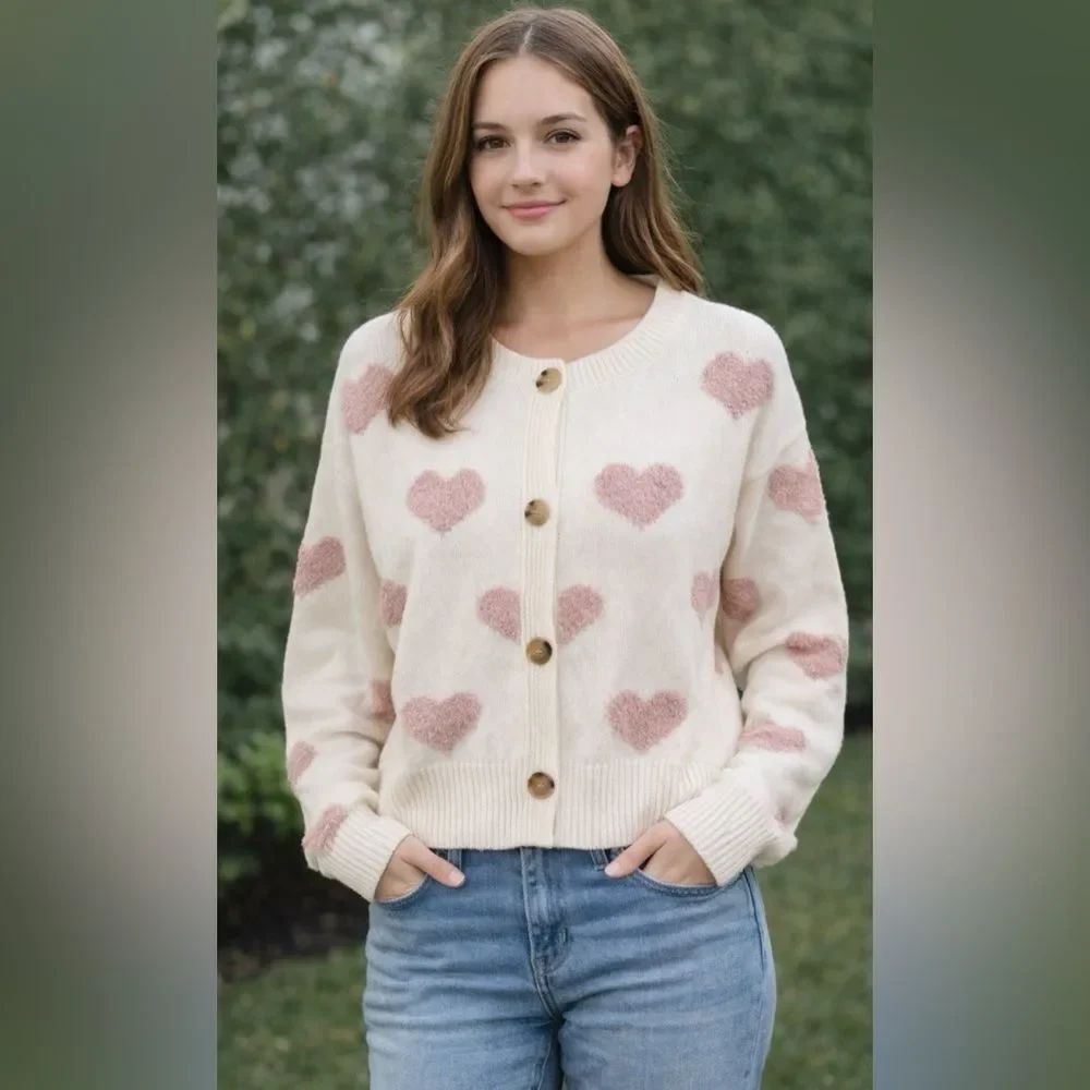 Fuzzy Valentines Heart Cropped Cardigan Sweater NWOT